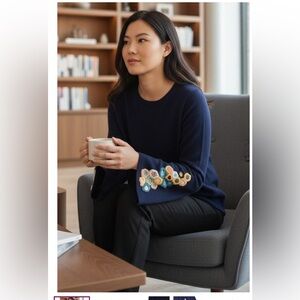 CHARTER CLUB Navy Cashmere Sweater with Floral Embroidery